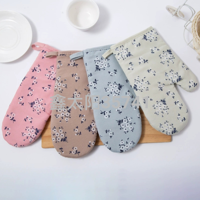 Factory Direct Sales Microwave Oven Gloves Mat Oven Heat Insulation Gloves Anti-Scald Cotton Linen Floral Printed Thickening Gloves New