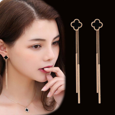 Qiaolanxuan Clover Silver Needle Korean Elegant Women's Long Personality Wild Earrings Ring Simple Eardrops Tassel Hanging Earrings