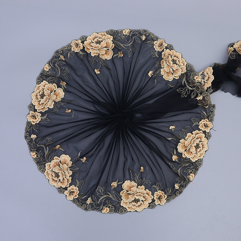 黑色网布网纱刺绣黄色牡丹花车载芭比娃娃内衣服装睡衣花边20CM