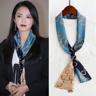 Su Mingyu Same Style Thin Narrow Long Printed Scarf Women's Spring and Autumn Fashion Small Scarf Ribbon Scarf Factory Wholesale