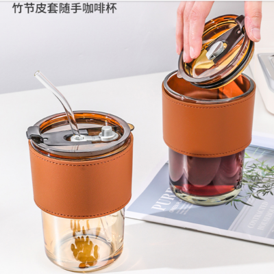 Bamboo Joint Straw Glass Cup Large Capacity Good-looking Water Cup with Lid Portable Handy Cup Cold Extraction Coffee Cup