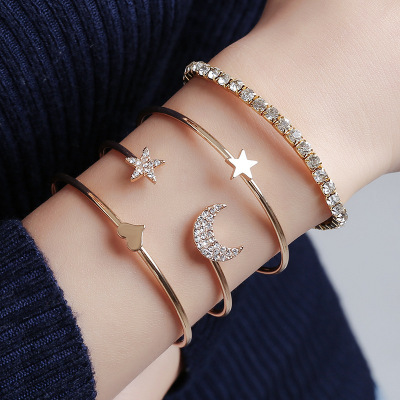 Fashion Personality and Creativity Women's Alloy Diamond Five-Pointed Star Moon Open-Ended Bracelet Bracelet Combination 4-Piece Set