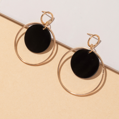 Korean Style Simple Black Circle Pendant round Iron Hoop Hollow Circle Earrings