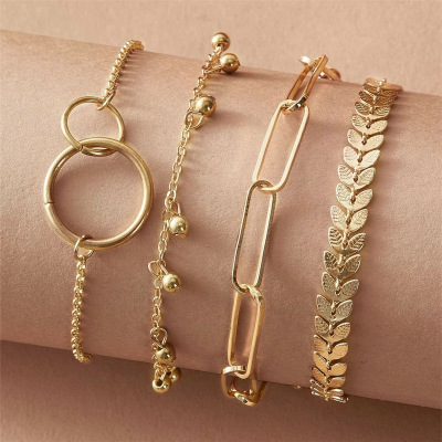 European and American Fashion Women's Golden Balls Fishbone Chain Four-Piece Combination Bracelet Set Geometric Multi-Layer Bracelet B4092