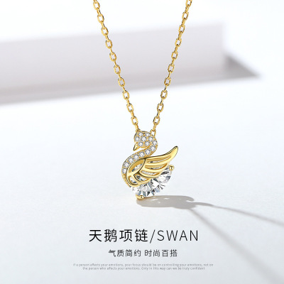 S925 Sterling Silver Necklace for Women All-Match Little Swan Jeweled Pendant Light Luxury Minority Design High-Grade Sweater Chain Wholesale