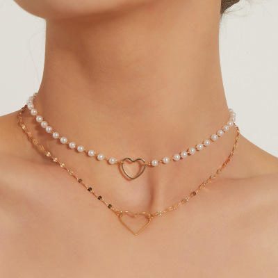 Ornament Fashion Heart Pendant Trend Female Necklace Double Layer White Europe and America Cross Border Popular
