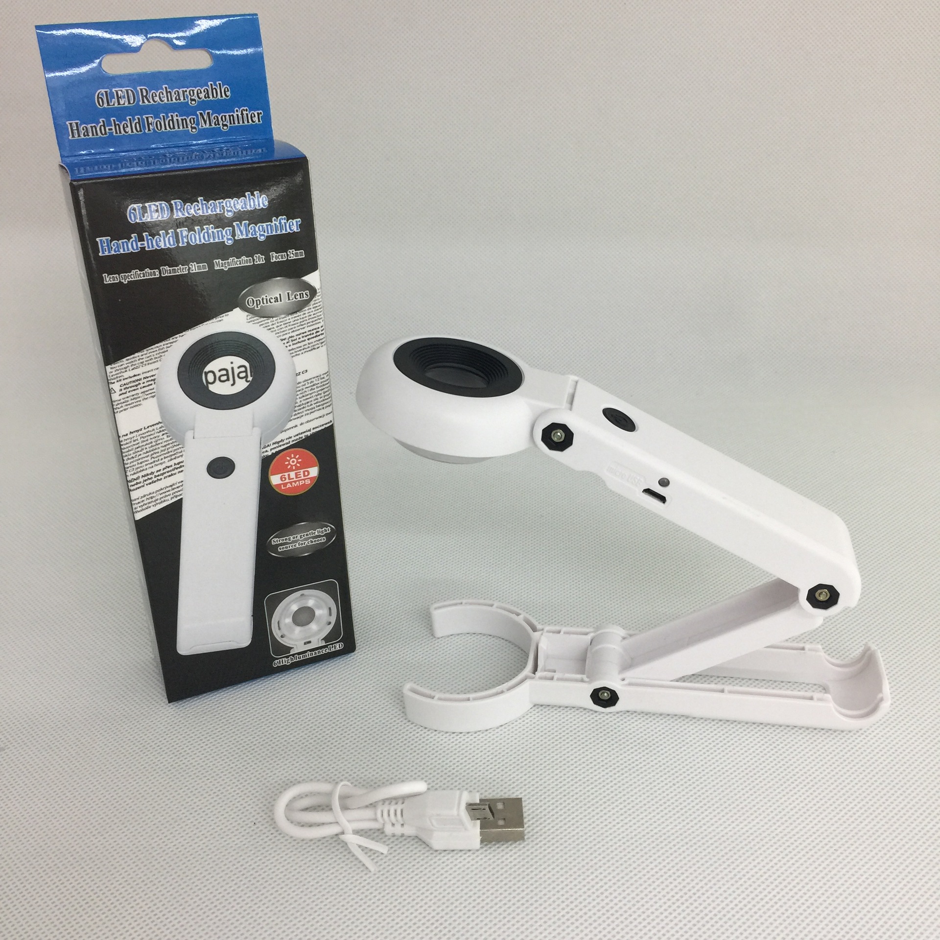 新款20倍带USB6LED灯手持折叠式放大镜台式鉴定维修放大镜FS21DC