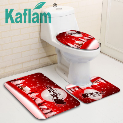 Amazon Hot Sale Christmas Sled Toilet Mat Three-Piece Snowman Foot Mat Bathroom Non-Slip Mat Printed Mat