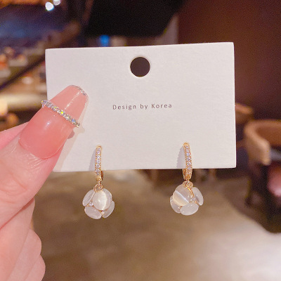 Sterling Silver Needle Korean Style Advanced Design Sense Opal Earrings Women's Micro-Inlaid Diamond Delicate Earrings Online Influencer Ear Jewelry