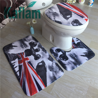 Amazon Hot Sale 3D Thickened Flannel Printed Carpet Bathroom Toilet Three-Piece Combination Floor Mat Factory 