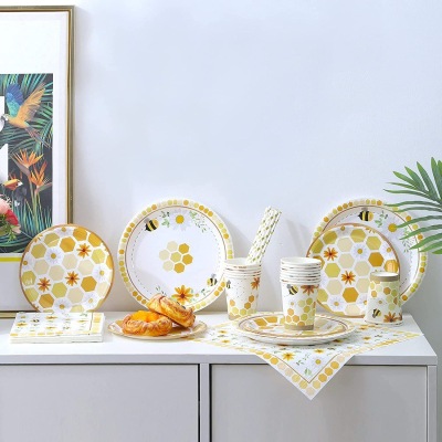 Bee Theme Decoration Supplies Honeycomb Paper Plate Cup Balloon Set Bee Children's Holiday Birthday Party Suit