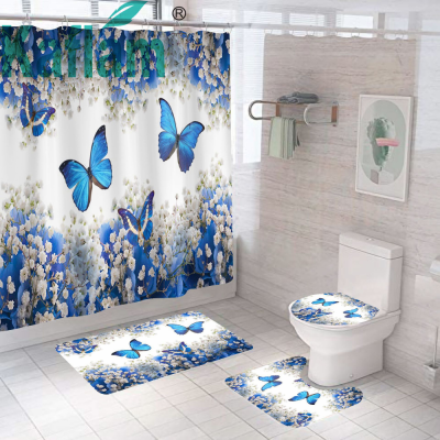 Amazon Cross-Border Direct Supply Polyester Printing Shower Curtain Waterproof Rose Butterfly Non-Slip Mat Floor Mat