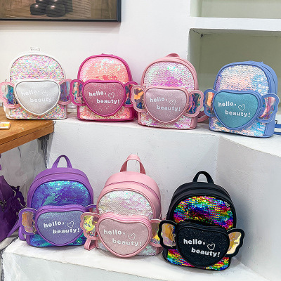 Factory Wholesale Children's Backpack New Cute Angel Wings Love Backpack Girls Sequins Kindergarten Backpack