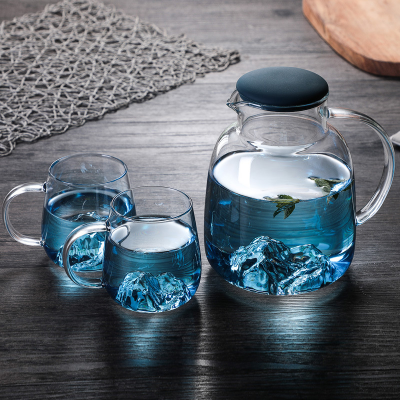 XZ Gradient Blue Borosilicate Glass Mountain Blue Marble Cold Water Bottle Household Silicone Cover Water Pitcher Marble Cup Cover