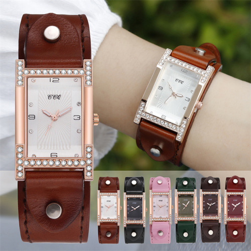 Foreign Trade Fashion Wrist Watch Student Women‘s Square Head Diamond-Embedded Watch Leather Strap Watch Luminous Needle Quartz Watch