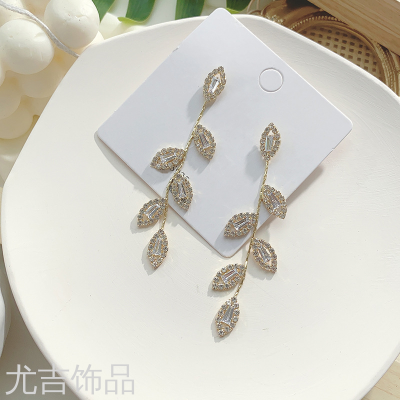 Sterling Silver Needle Niche Korean Style Full Rhinestone Tassel Leaves Singing K High-Grade Light Luxury Earrings