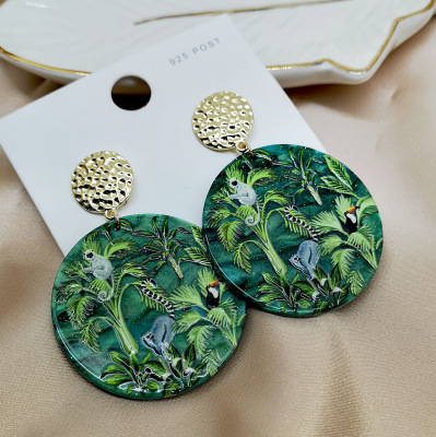 Meiyu Cross-Border New Arrival Green Rainforest Animal and Plant 3D Embossed Printed Acrylic Earrings Fashion Exaggerating Earrings