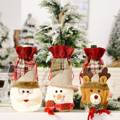 Christmas Decoration Supplies Linen Button Plaid Bottle Cover Cartoon Old Snowman Wine Bottle Bag Wine Gift Box