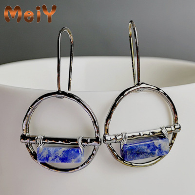 Meiyu European and American New Style Banging Plated 925 Big Silver Ring Earrings Vintage Handmade Winding Natural Lapis Lazuli Earrings