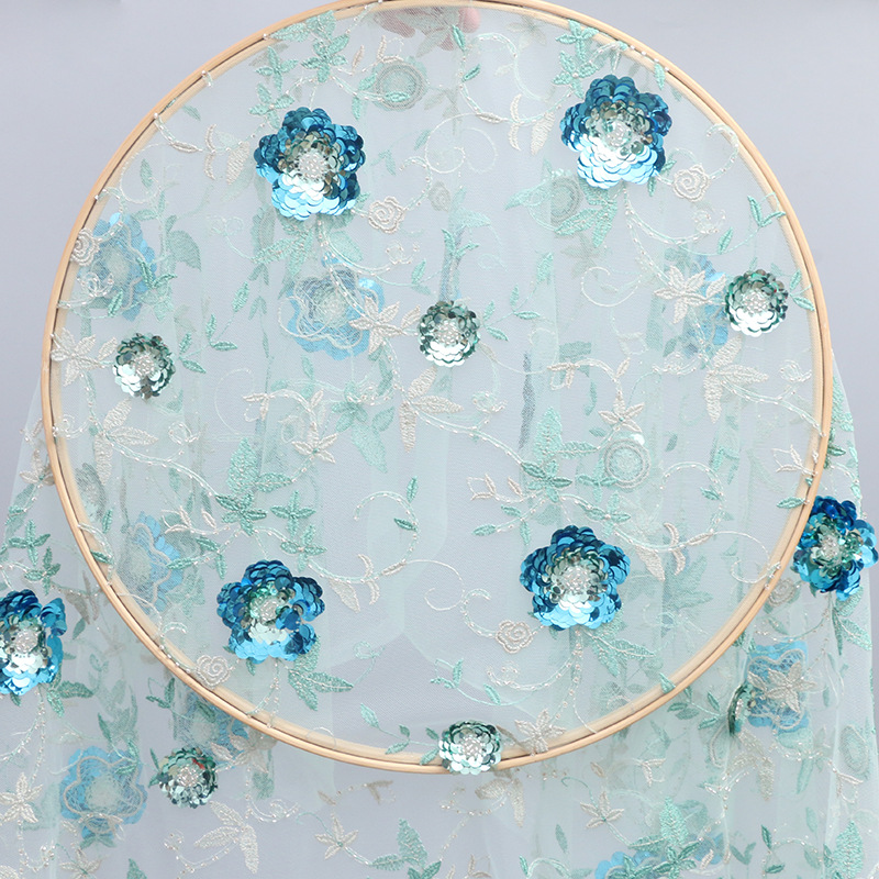 多色珍珠管亮片满幅绣婚纱礼服女装连衣裙蕾丝网纱刺绣面料1.35米