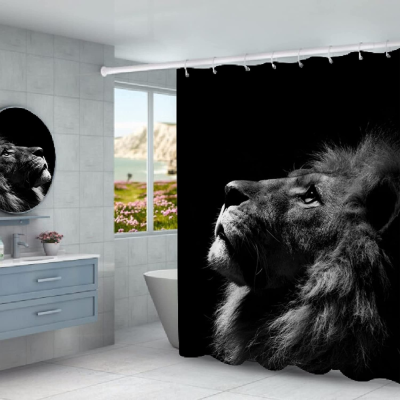 4-Piece Lion Shower Curtain Set with Non-Slip Carpet, Toilet Lid and Bathroom Mat