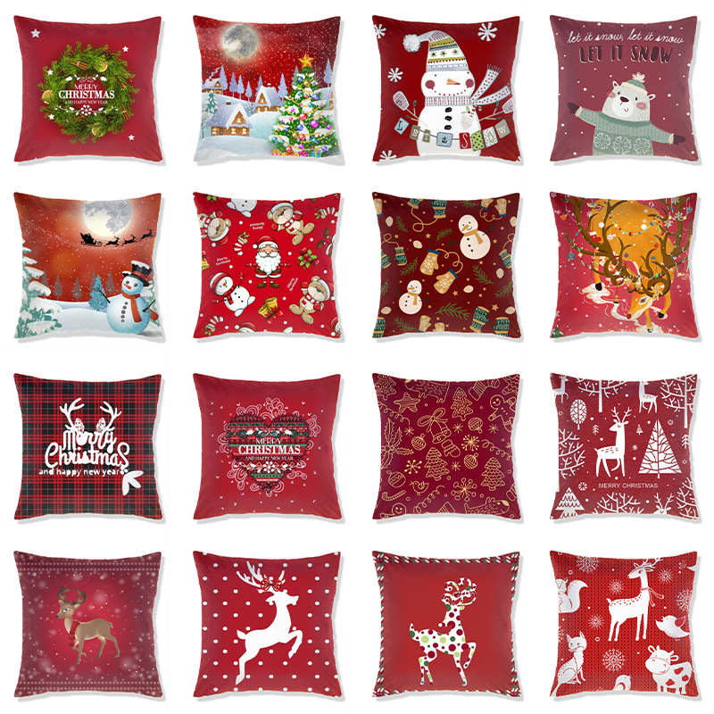 跨境新款圣诞节抱枕套 亚马逊居家印花靠枕套短毛绒沙发抱枕批发