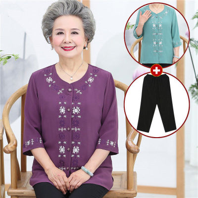 Grandma's Clothes Spring and Summer Clothes Half Sleeve Two-Piece Suit Middle-Aged and Elderly Chiffon Mother 60-Year-Old 70 Old Clothes Too Clothes