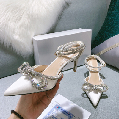 Women's High Heel Sandals 2021 Spring and Autumn New Fashion Shoes Heels Bow Rhinestone Satin Stiletto Heel Women's Fashion Shoes