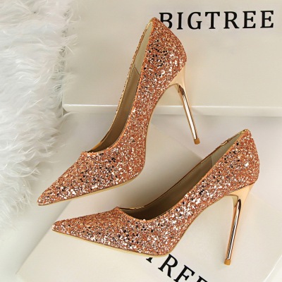 9219-1 European and American Style Women's Shoes High Heel Low-Cut Pointed Toe Sparkle Sequins Sexy Slimming Nightclub High Heels Pumps