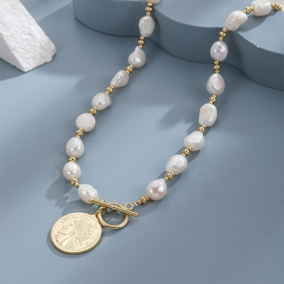  Natural Special-Shaped Pearl Elegant All-Match Necklace Large Gold Coin Sweater Chain Factory Wholesale OT Buckle New
