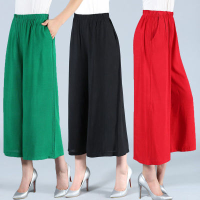 Summer Middle-Aged and Elderly Women's Pants Pure Color Cotton and Linen Wide-Leg Pants Thin Cropped Pants Loose Large Size Culottes Big Leg Swing Pants