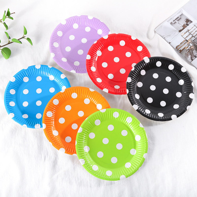 Exclusive for Cross-Border Manufacturer Disposable Paper Tray 7-Inch Colorful Dot Paper Plate Birthday Party Supplies Paper Plate Cake Plate