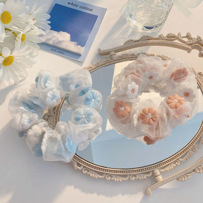 Romantic Pink Blue Sweet Embroidery Flower Large Intestine Ring Organza Hair Ring Ins Mesh Embellished Headband Girls' Hair Accessories