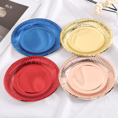 Cross-Border Amazon 7-Inch Gold and Silver Paper Pallet Disposable Party Supplies Paper Pallet Party Dinner Plate Cake Plate