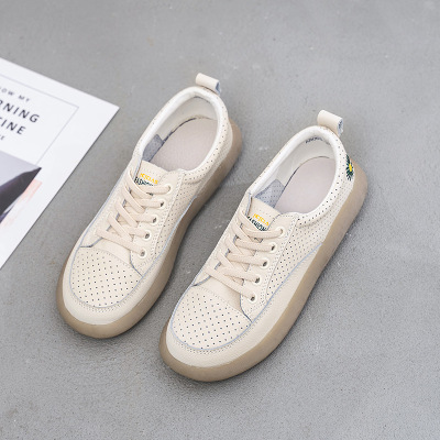 Three Sheep Women's Spring/Summer New Coros Shoes Women's Hollow-out Cowhide Flat Casual Shoes Beef Tendon Soft Bottom Breathable White Shoes