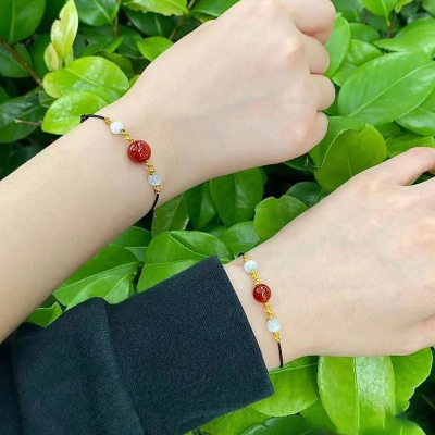 Trending on TikTok Same Style Red Agate Bracelet Red Rope Girl Girlfriends Woven Couple Red Bean Carrying Strap