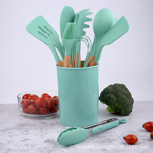 12-piece set of silicone kitchenware with wooden handle kitchen tools silicone spatula cross-border hair shovel set in stock