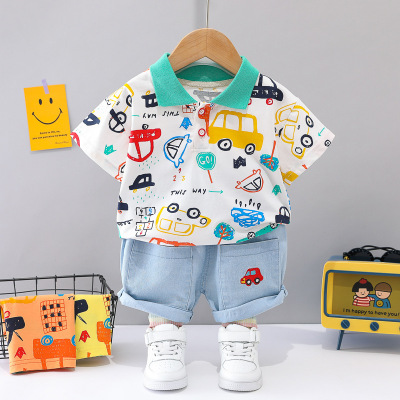 Boys' Suit Summer Fashion Polo Shirt Jeans 2-Piece Korean Children's Clothing One-Piece Substitute Car Denim Shorts