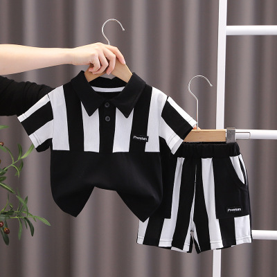 Children's Clothing Boys' Summer Short-Sleeved Suit 2022 New Vertical Stripes Contrast Color Polo Children's Summer Clothing Two-Piece Suit Fashion