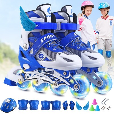Factory Wholesale New Children's Straight Row the Skating Shoes Skates PVC Single Flash Set Adjustable Helmet Protective Gear