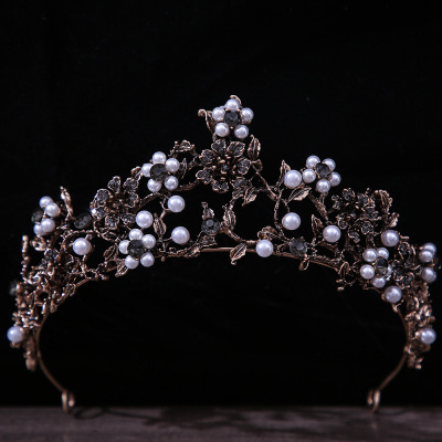 Korean Flowers Diamond-Embedded Antique Bridal Crown Vintage Pearl Hair Band Wedding Dress Birthday Formal Dress Accessories Headband
