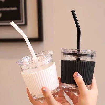 INS Style Student with Cover Household Korean Style Glass Cup Office Cup with Straw Water Cup Accompanying Coffee Cup Good-looking