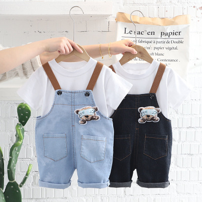 2022 Summer New Boys' and Girls' round Neck Short Sleeve Short Sleeve Suit Baby Denim Suspender Pants Two-Piece Set Hair Generation