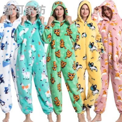 New Cartoon Animal One-Piece Pajamas Adult Comfortable Cotton Velvet Thickened Jumpsuit Home Wear Female Winter Cute Warm