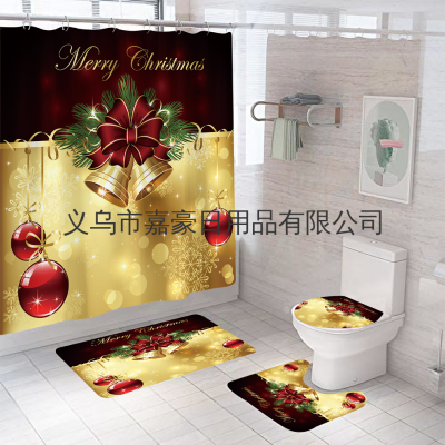 Amazon Christmas Festival Hot Sale Shower Curtain Bathroom Four-Piece Foot Mat Toilet Mat Set