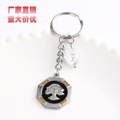 New Octagonal Keychain Carved Big Tree Pearl Keychain Accessories Stainless Steel Golden Edge Keychain