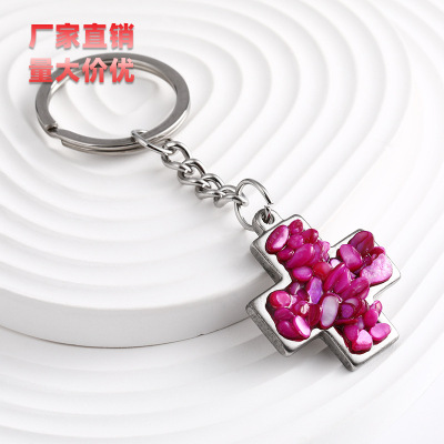Factory Direct Rose Red Inlaid Cross Keychain Stainless Steel Cross Ring Key Ring Pendant Hanging Ornament