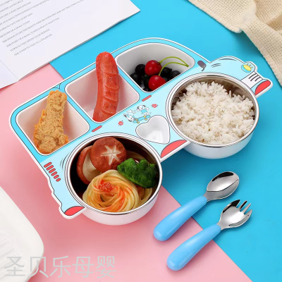 Children's Car Plate 304 Stainless Steel Spoon Fork Baby Compartment Food Supplement Meal Removable and Washable Tableware Set Set