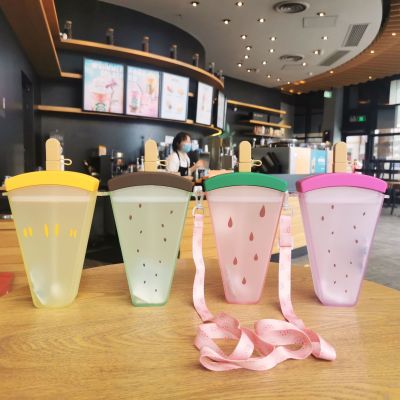 Watermelon Cup Plastic Sippy Cup Convenient Strap Juice Glass Water Cup Ice Cream Student Outdoor Drinking Glass Gift
