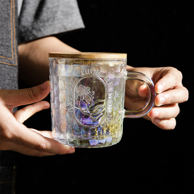 LD Creative Relief Mermaid Glass Mug Colorful Glass Tea Cup with Lid Juice Cup Water Cup